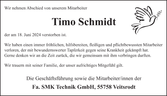 Traueranzeige von Timo Schmidt von WochenSpiegel