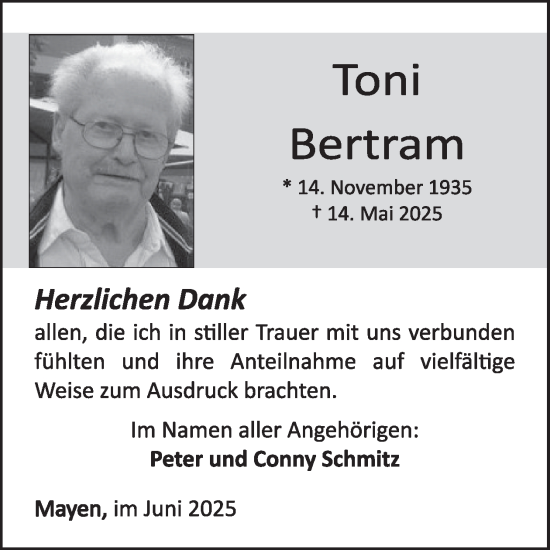 Traueranzeige von Toni Bertram von WochenSpiegel