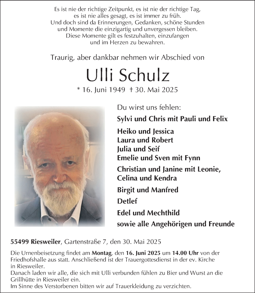 Traueranzeige für Ulli Schulz vom 07.06.2025 aus WochenSpiegel