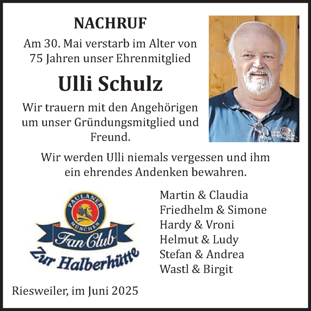  Traueranzeige für Ulli Schulz vom 14.06.2025 aus WochenSpiegel
