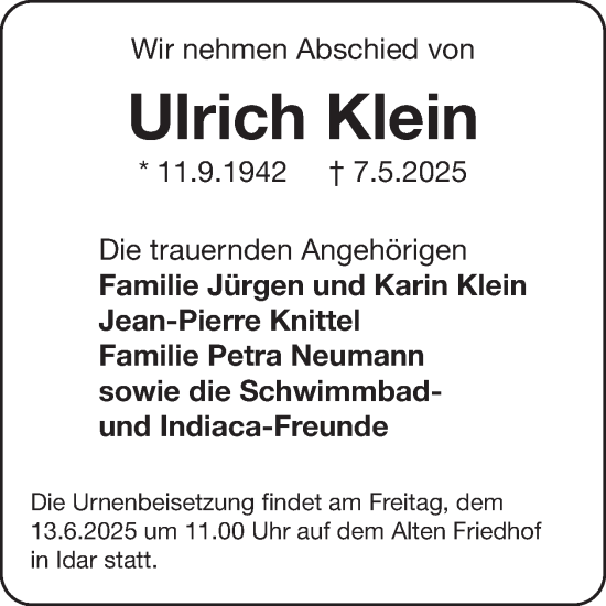 Traueranzeige von Ulrich Klein von WochenSpiegel