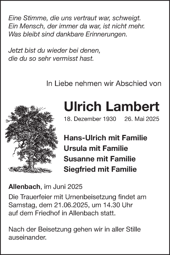 Traueranzeige von Ulrich Lambert von WochenSpiegel