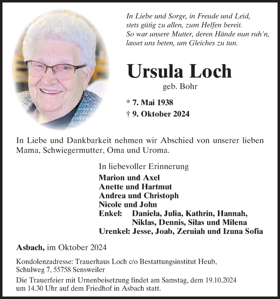  Traueranzeige für Ursula Loch vom 19.10.2024 aus WochenSpiegel