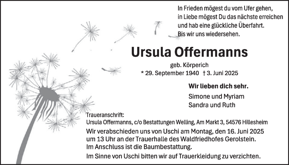  Traueranzeige für Ursula Offermanns vom 14.06.2025 aus WochenSpiegel