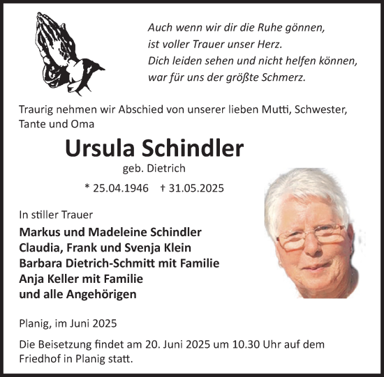 Traueranzeige von Ursula Schindler von WochenSpiegel