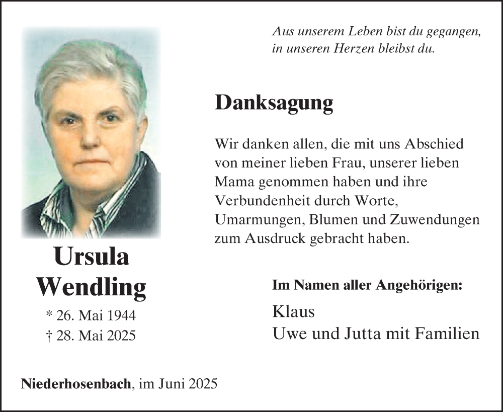  Traueranzeige für Ursula Wendling vom 21.06.2025 aus WochenSpiegel