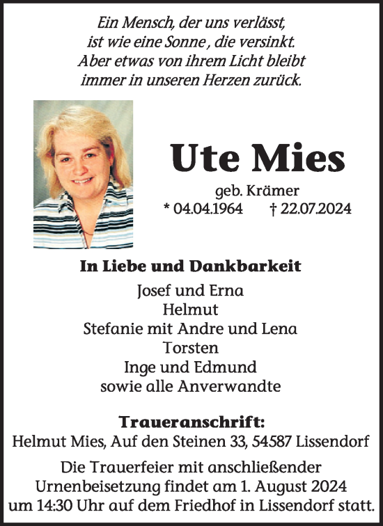 Traueranzeige von Ute Mies von WochenSpiegel