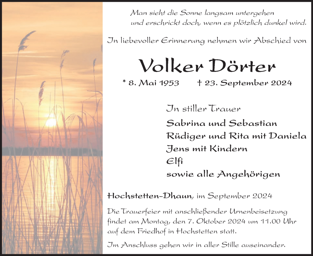  Traueranzeige für Volker Dörter vom 28.09.2024 aus WochenSpiegel