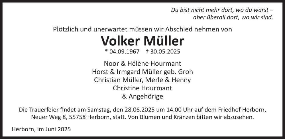  Traueranzeige für Volker Müller vom 21.06.2025 aus WochenSpiegel