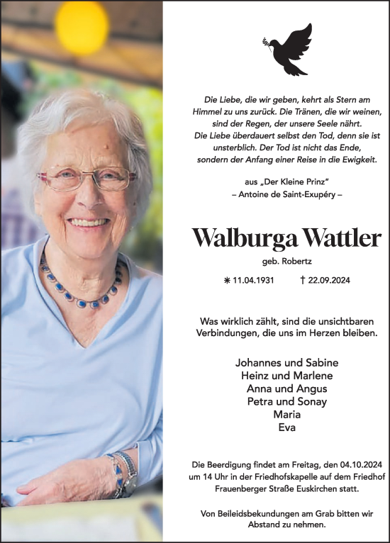 Traueranzeige von Walburga Wattler von WochenSpiegel