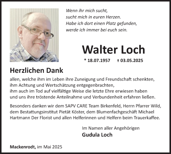 Traueranzeige von Walter Loch von WochenSpiegel