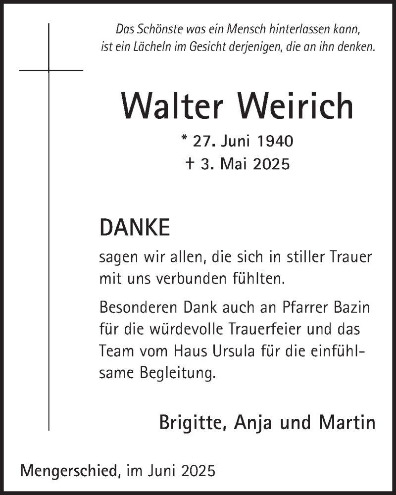  Traueranzeige für Walter Weirich vom 07.06.2025 aus WochenSpiegel