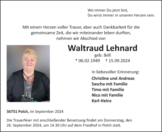 Traueranzeige von Waltraud Lehnard von WochenSpiegel