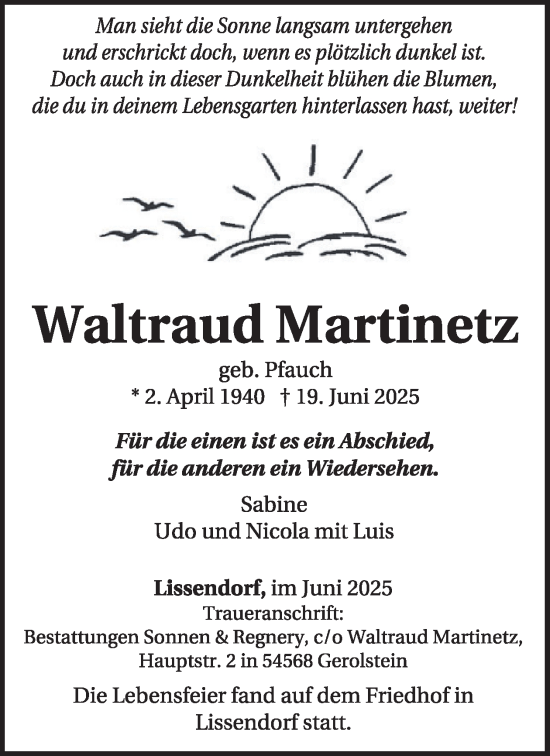 Traueranzeige von Waltraud Martinetz von WochenSpiegel