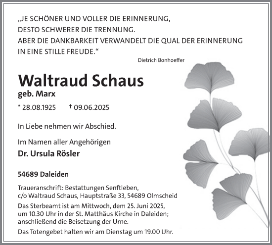 Traueranzeige von Waltraud Schaus von WochenSpiegel
