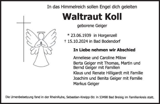 Traueranzeige von Waltraut Koll von WochenSpiegel