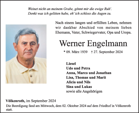 Traueranzeige von Werner Engelmann von WochenSpiegel