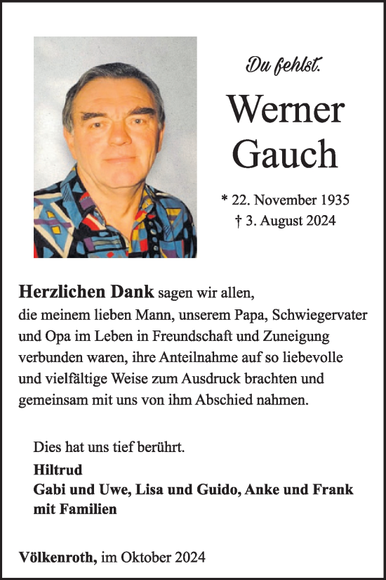 Traueranzeige von Werner Gauch von WochenSpiegel