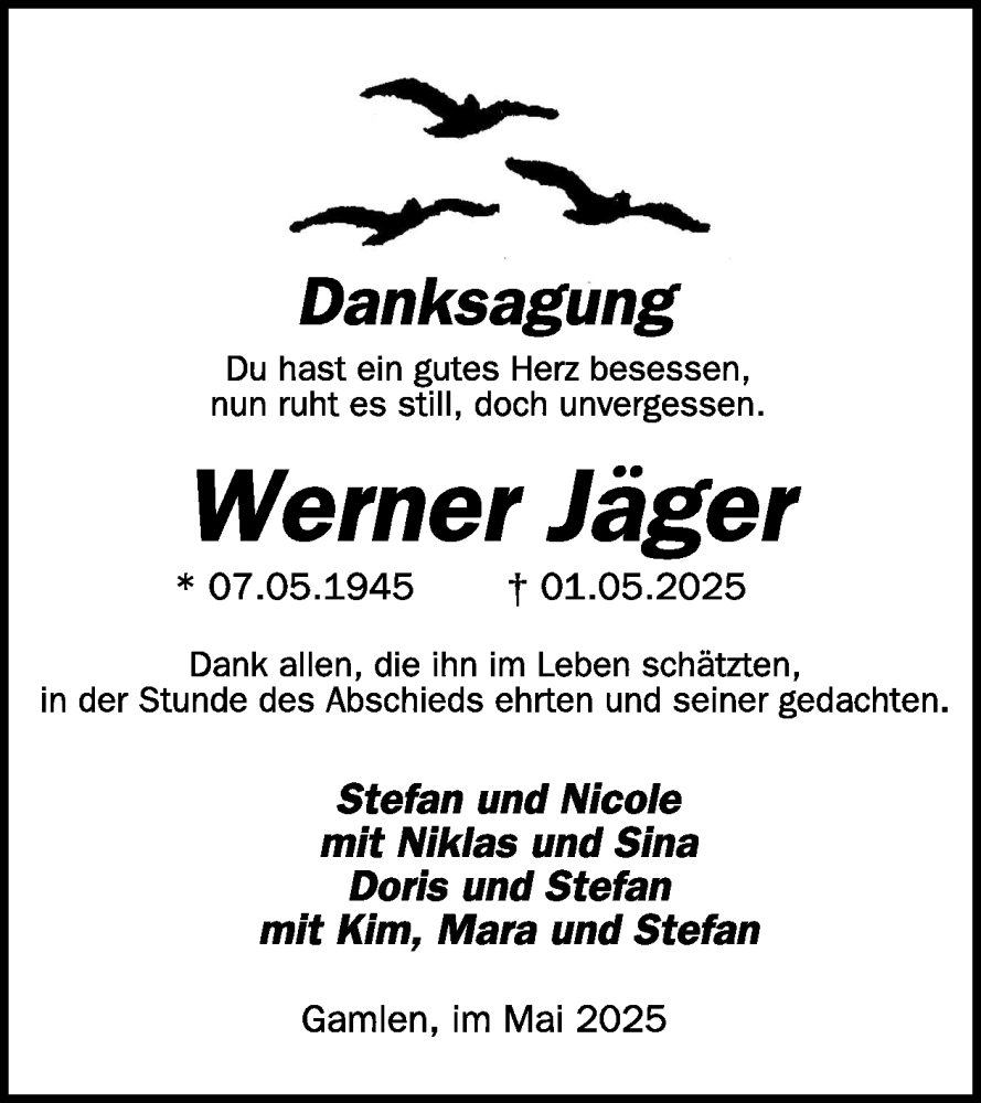  Traueranzeige für Werner Jäger vom 04.06.2025 aus WochenSpiegel