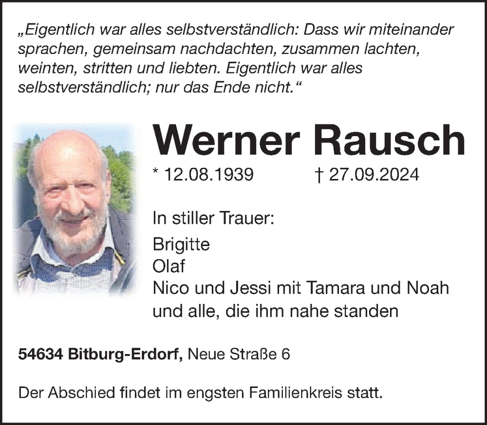  Traueranzeige für Werner Rausch vom 04.10.2024 aus WochenSpiegel