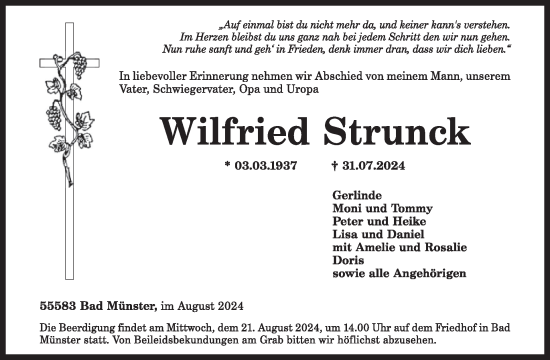 Traueranzeige von Wilfried Strunck von WochenSpiegel