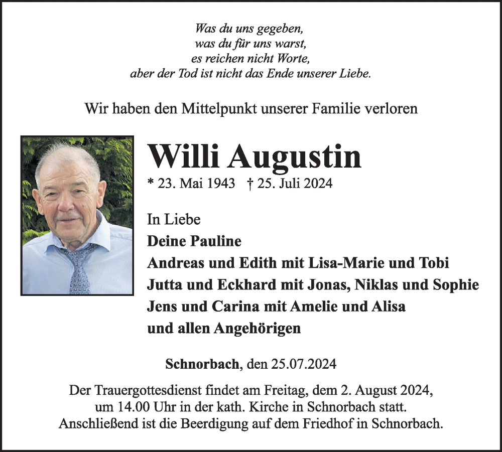  Traueranzeige für Willi Augustin vom 03.08.2024 aus WochenSpiegel