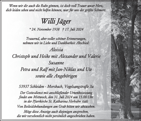Traueranzeige von Willi Jäger von WochenSpiegel