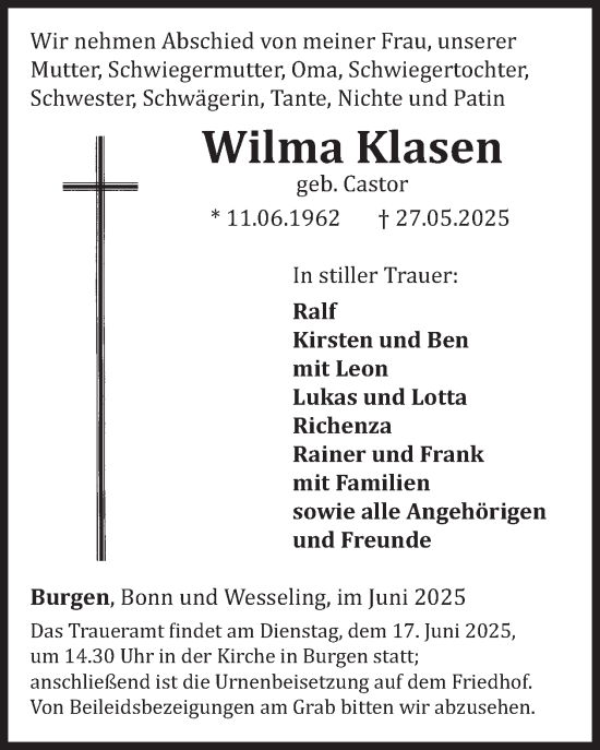 Traueranzeige von Wilma Klasen von WochenSpiegel