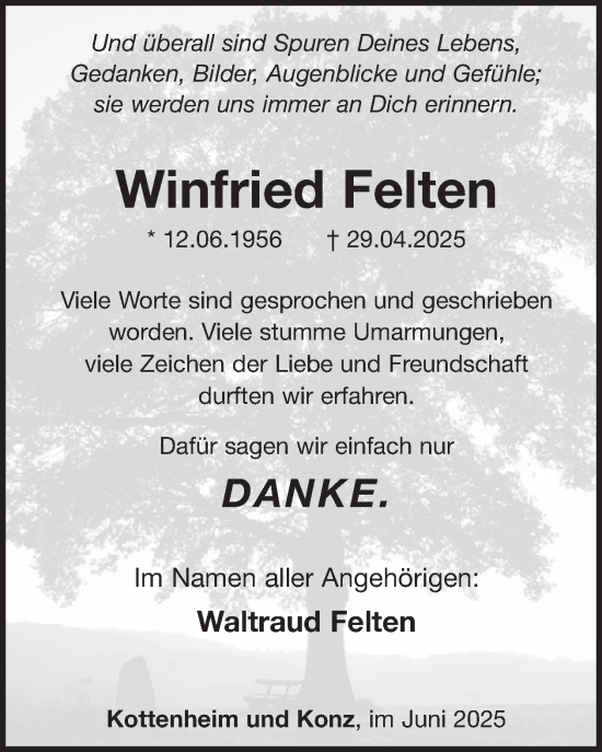 Traueranzeige von Winfried Felten von WochenSpiegel