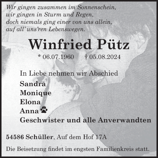 Traueranzeige von Winfried Pütz von WochenSpiegel