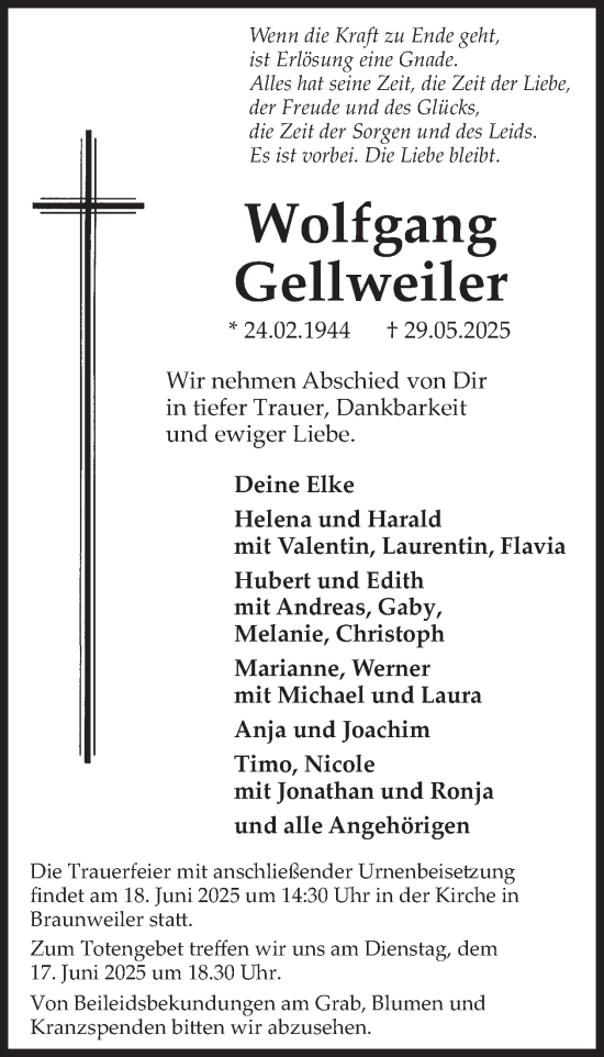 Traueranzeige von Wolfgang Gellweiler von WochenSpiegel