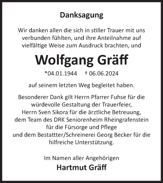 Traueranzeige von Wolfgang Gräff von WochenSpiegel