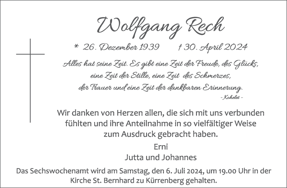  Traueranzeige für Wolfgang Rech vom 26.06.2024 aus WochenSpiegel