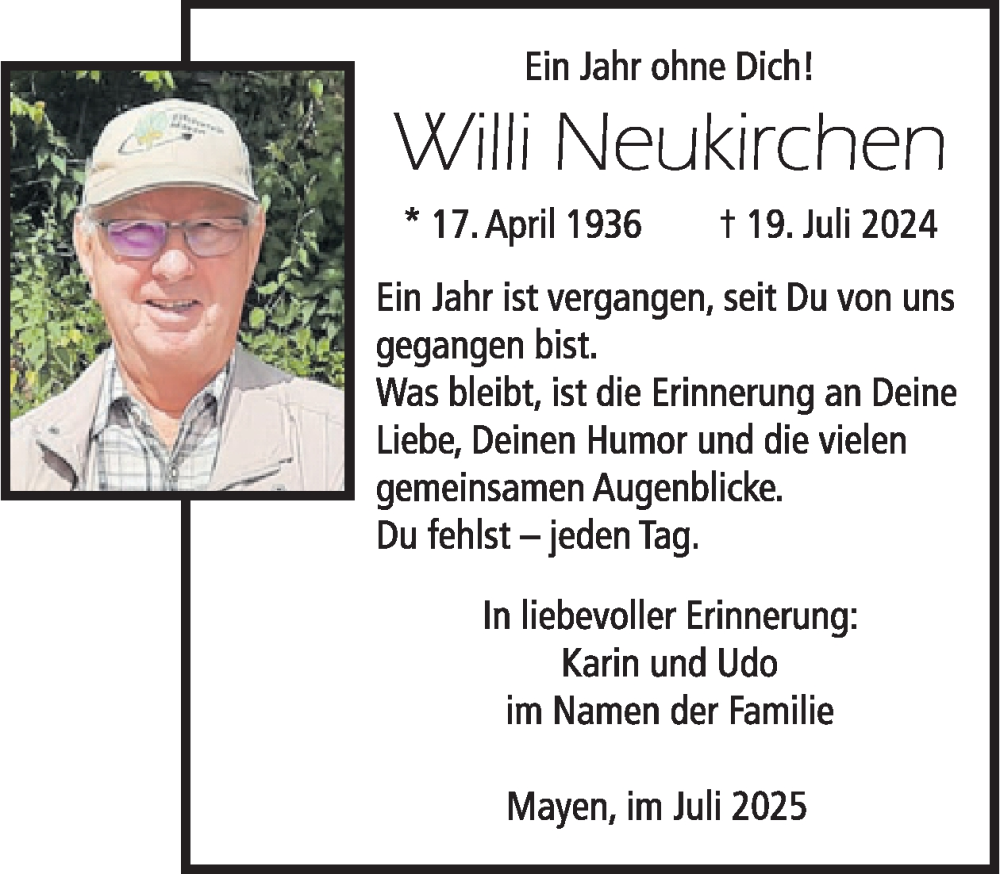  Traueranzeige für Will Neukirchen vom 23.07.2025 aus WochenSpiegel