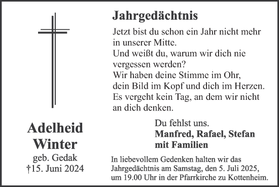 Traueranzeige von Adelheid Winter von WochenSpiegel