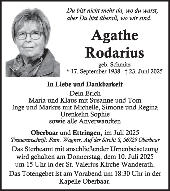 Traueranzeige von Agathe Rodarius von WochenSpiegel