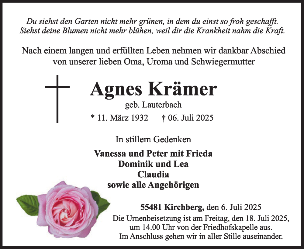  Traueranzeige für Agnes Krämer vom 12.07.2025 aus WochenSpiegel