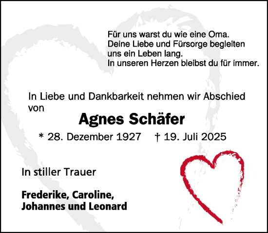 Traueranzeige von Agnes Schäfer von WochenSpiegel