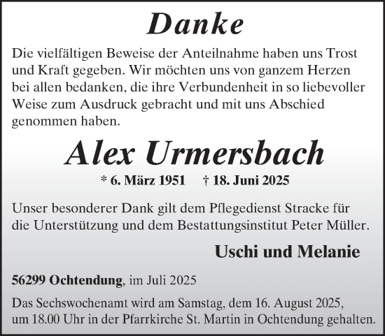 Traueranzeige von Alex Urmersbach von WochenSpiegel