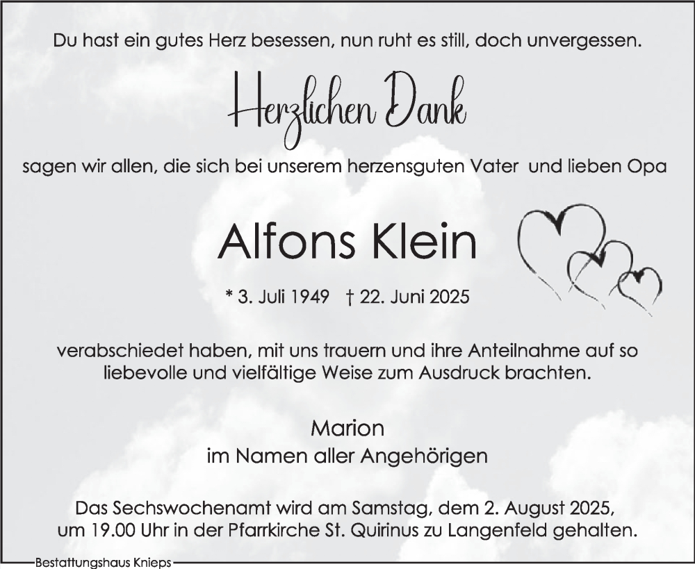  Traueranzeige für Alfons Klein vom 23.07.2025 aus WochenSpiegel