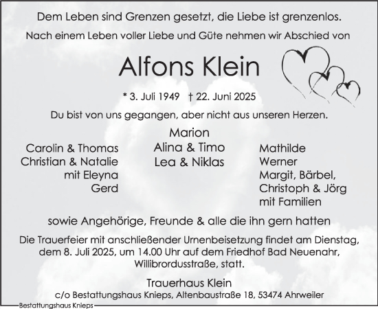 Traueranzeige von Alfons Klein von WochenSpiegel