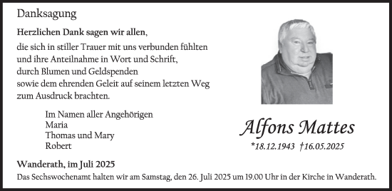 Traueranzeige von Alfons Mattes von WochenSpiegel