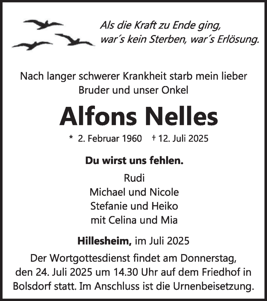  Traueranzeige für Alfons Nelles vom 19.07.2025 aus WochenSpiegel