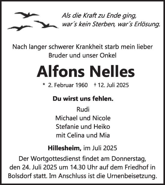 Traueranzeige von Alfons Nelles von WochenSpiegel
