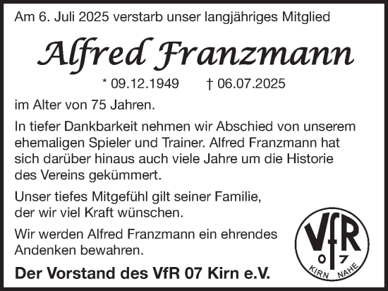 Traueranzeige von Alfred Franzmann von WochenSpiegel
