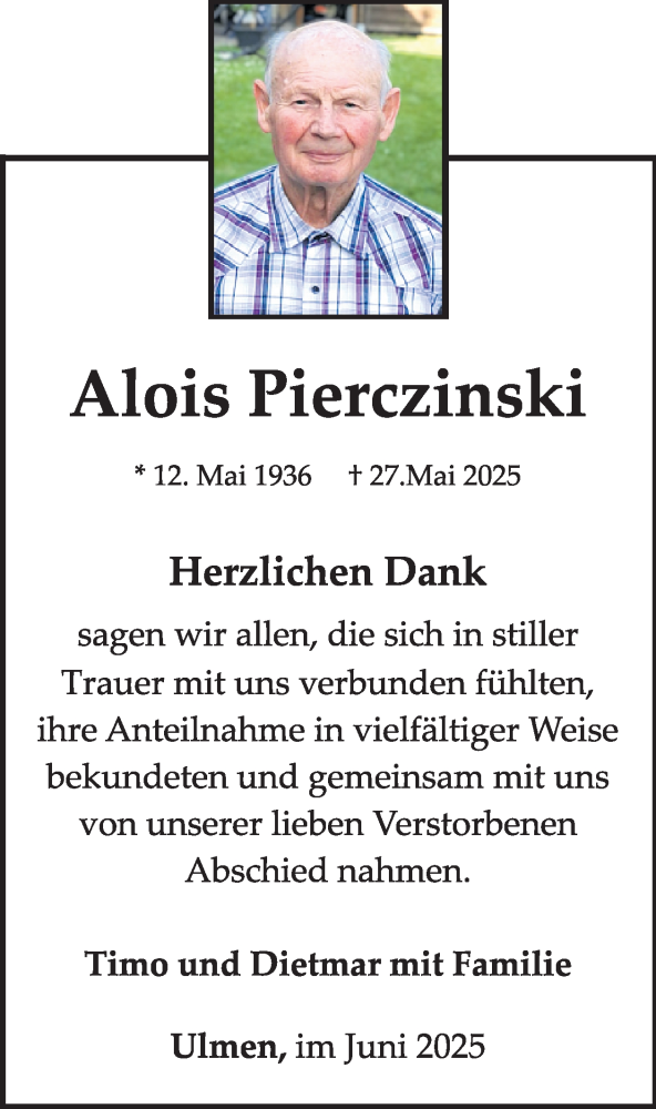  Traueranzeige für Alois Pierczinski vom 09.07.2025 aus WochenSpiegel