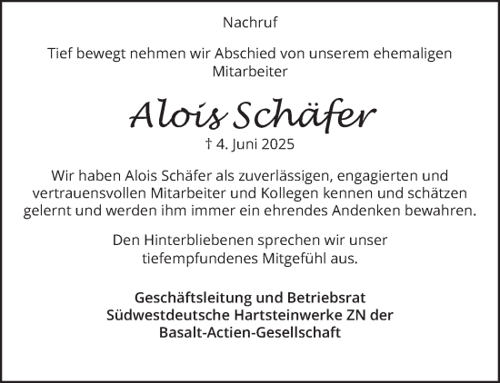 Traueranzeige von Alois Schäfer von WochenSpiegel