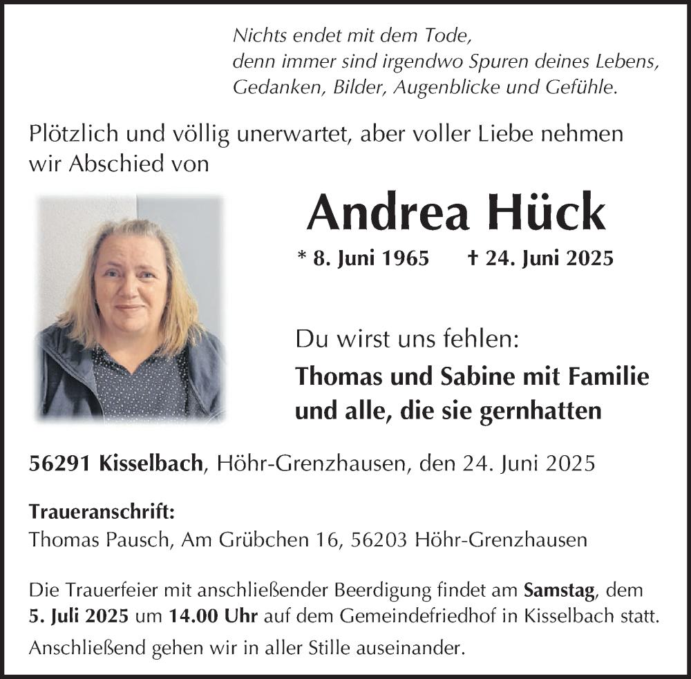  Traueranzeige für Andrea Hück vom 05.07.2025 aus WochenSpiegel