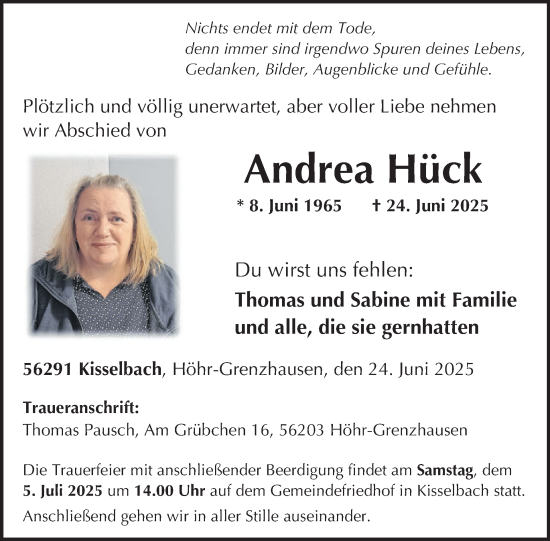Traueranzeige von Andrea Hück von WochenSpiegel