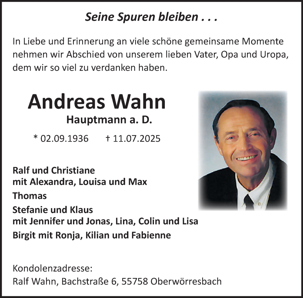  Traueranzeige für Andreas Wahn vom 19.07.2025 aus WochenSpiegel